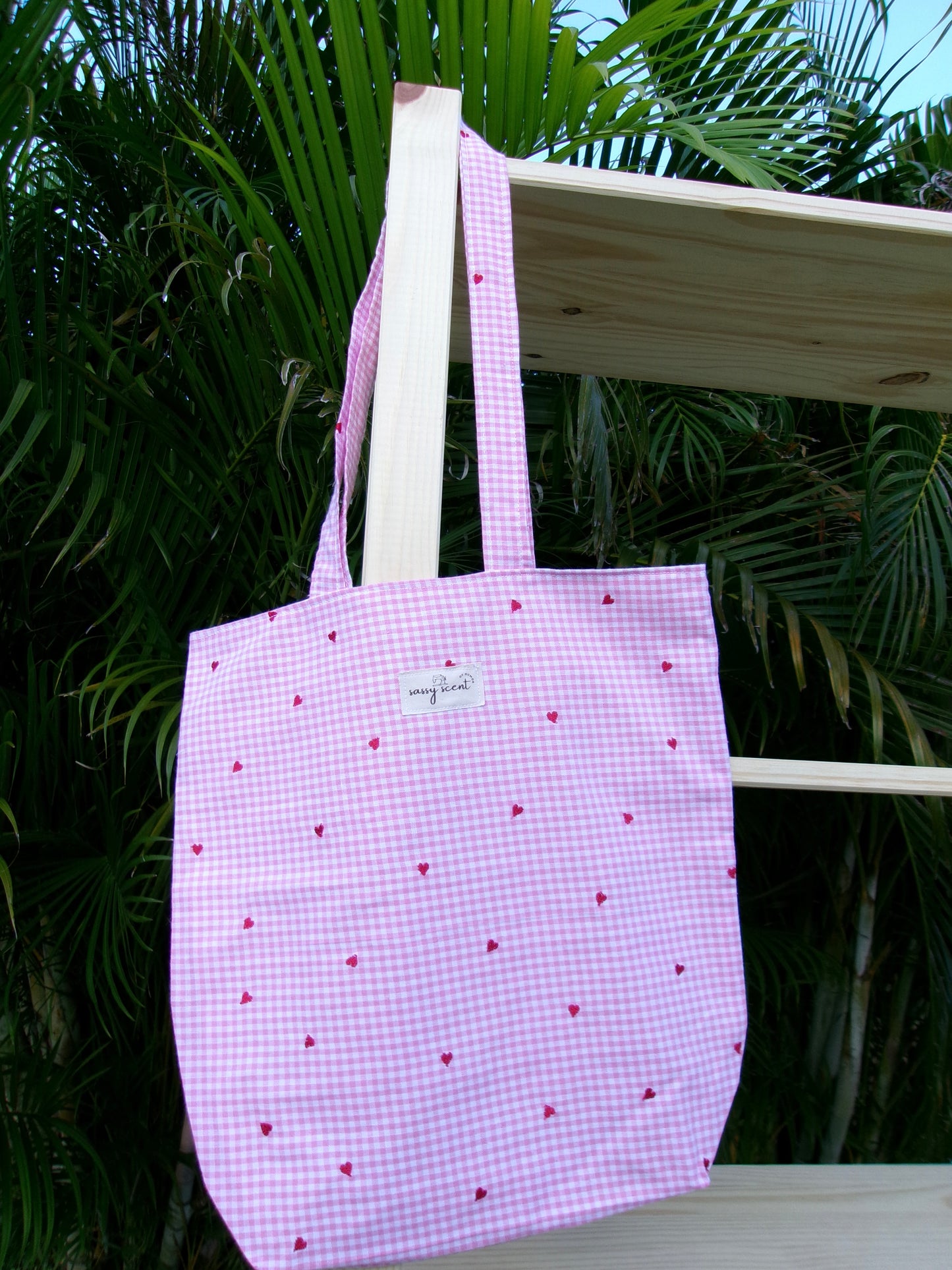 Pink Gingham Heart Tote Bag