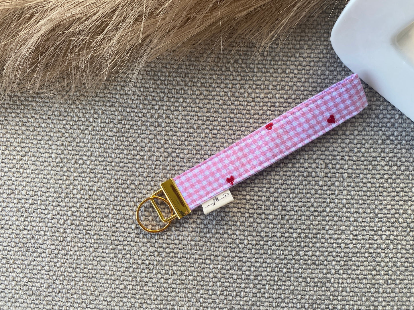 Pink Gingham Heart Keychain Holder